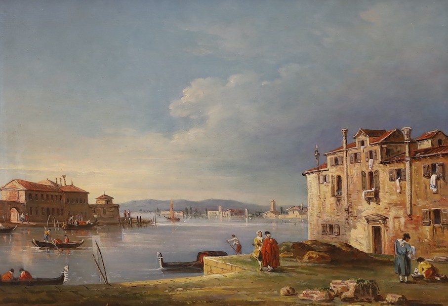 After Francesco Guardi (1712-1793), oil on wooden panel, Venetian view, 23 x 32cm